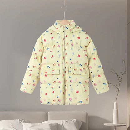 Printed Hooded Puffy Cotton Jacket Women Stand Collar Long Sleeve Zipper Loose Padded Coats 2025 Winter Lady Warm Outwear Street
