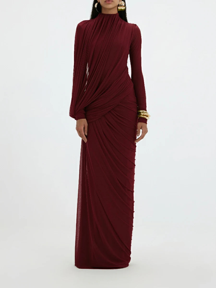 VGH Elegant Vintage Spliced Ribbon Dresses for Women Turtleneck Long Sleeve Irregular Folds Evening Luxurious Maxi Dress Female