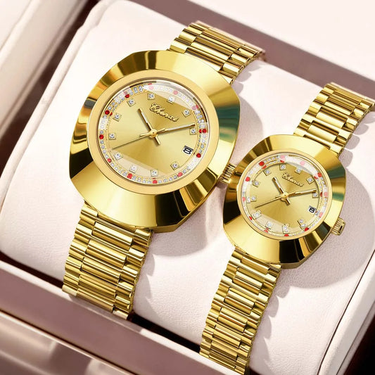 CHENXI Couple's Matching Quartz Watches Gold-Tone High-Fashion Diamond-Studded Waterproof Steel Bracelet Timepieces