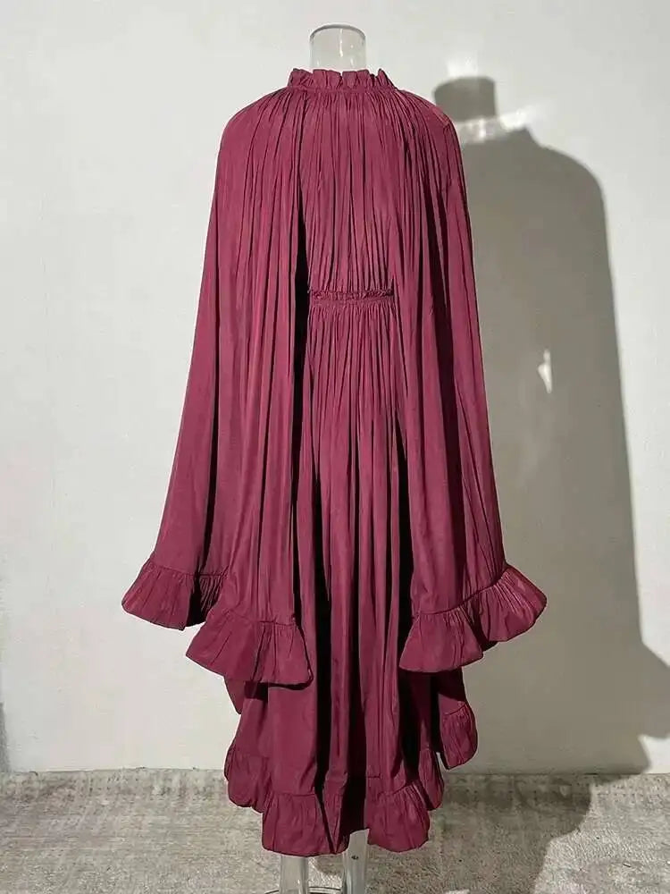 IEQJ Elegant Big Swing Irregular Ruffles Party Maxi Dresses For Women Cloak Sleeves Spliced Lace Up Pleated Dress 2025 New