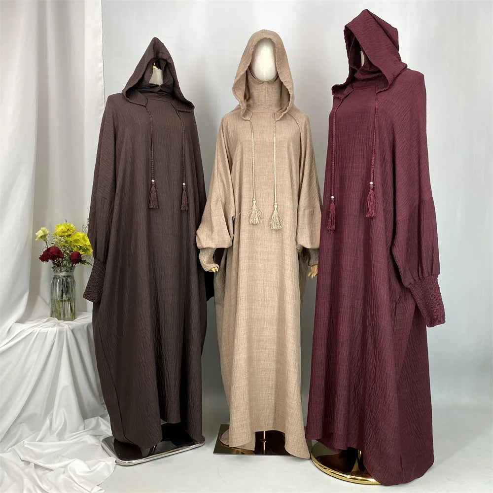 Hot Seller Ramadan Islamic Clothing Wrinkle Polyester Hoodie Abaya Dress With Undercap Muslim Women Abaya Hoodie Causal Dresses