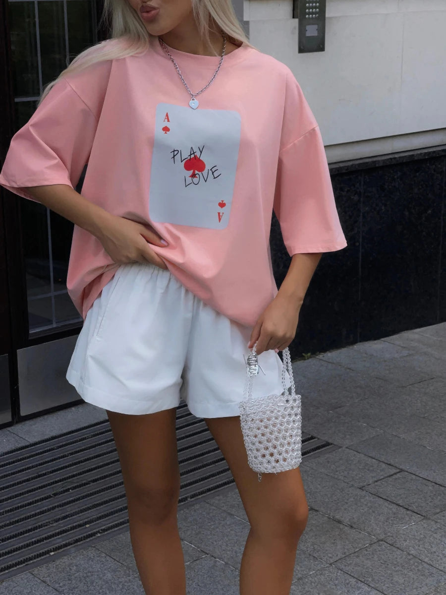 Bornladies 100% Cotton Poker Card Printed T-Shirt Women's Fashionable O-Neck Loose Short Sleeved Female Summer New Casual Top