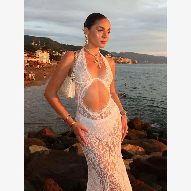White Lace Hollow Out Halter Long Dress Women Sexy Sleeveless Off Shoulder Slim Maxi Dresses 2026 Lady Holiday Beach Vestidos