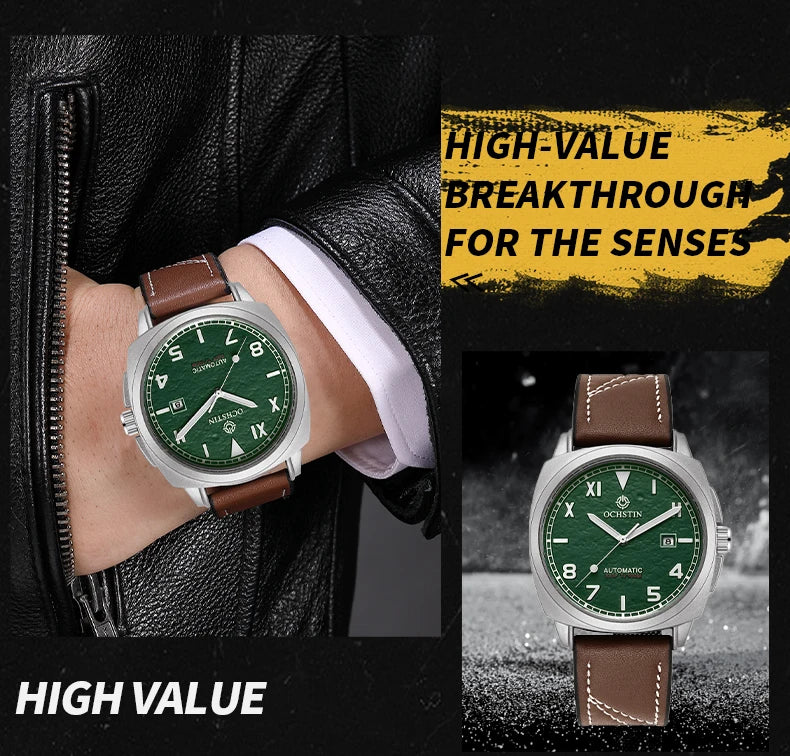 OCHSTIN Men's Automatic Mechanical Movement Watches Man Leather Strap Wristwatch Waterproof Master Series Luminous Hand Watch