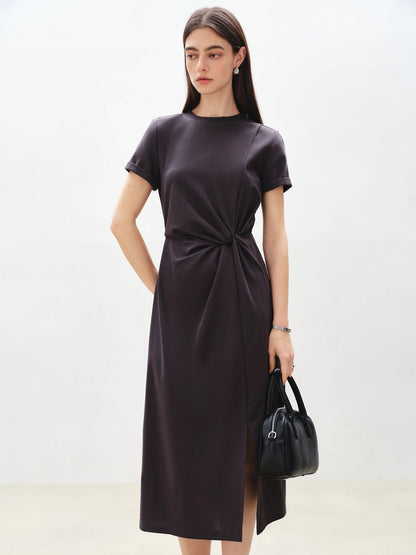 ZIQIAO Women Solid Long Dress 2025 Summer New Casual Round Neck T-Shirt Dresses Grey Short Sleeve X-LINE Dress 25ZQ92026