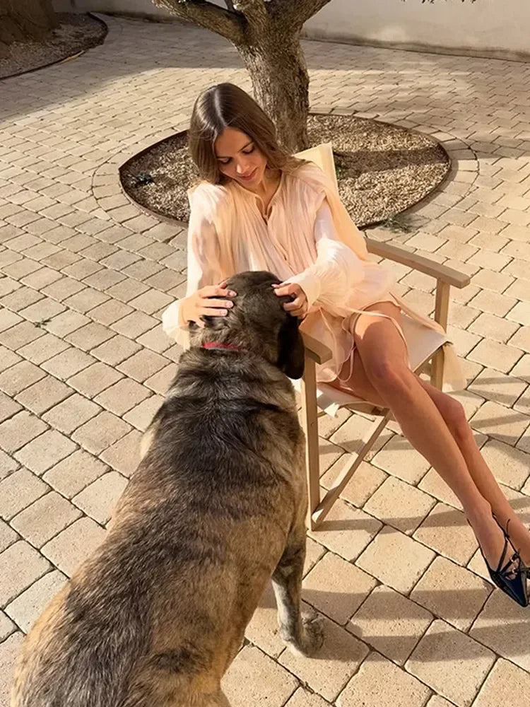 Women Solid O-neck Long Lantern Sleeve Short Dress Fashion Pleated High Waist Lace-up Mini Dresses Summer Vocation Lady Robe