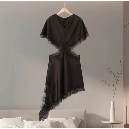 Sexy Lace Patchwork Waist Revealing Dress Women Fashion O-neck Short Sleeve High Waist Slim Dresses Female New Chic Casual Robe