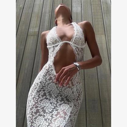 White Lace Hollow Out Halter Long Dress Women Sexy Sleeveless Off Shoulder Slim Maxi Dresses 2026 Lady Holiday Beach Vestidos