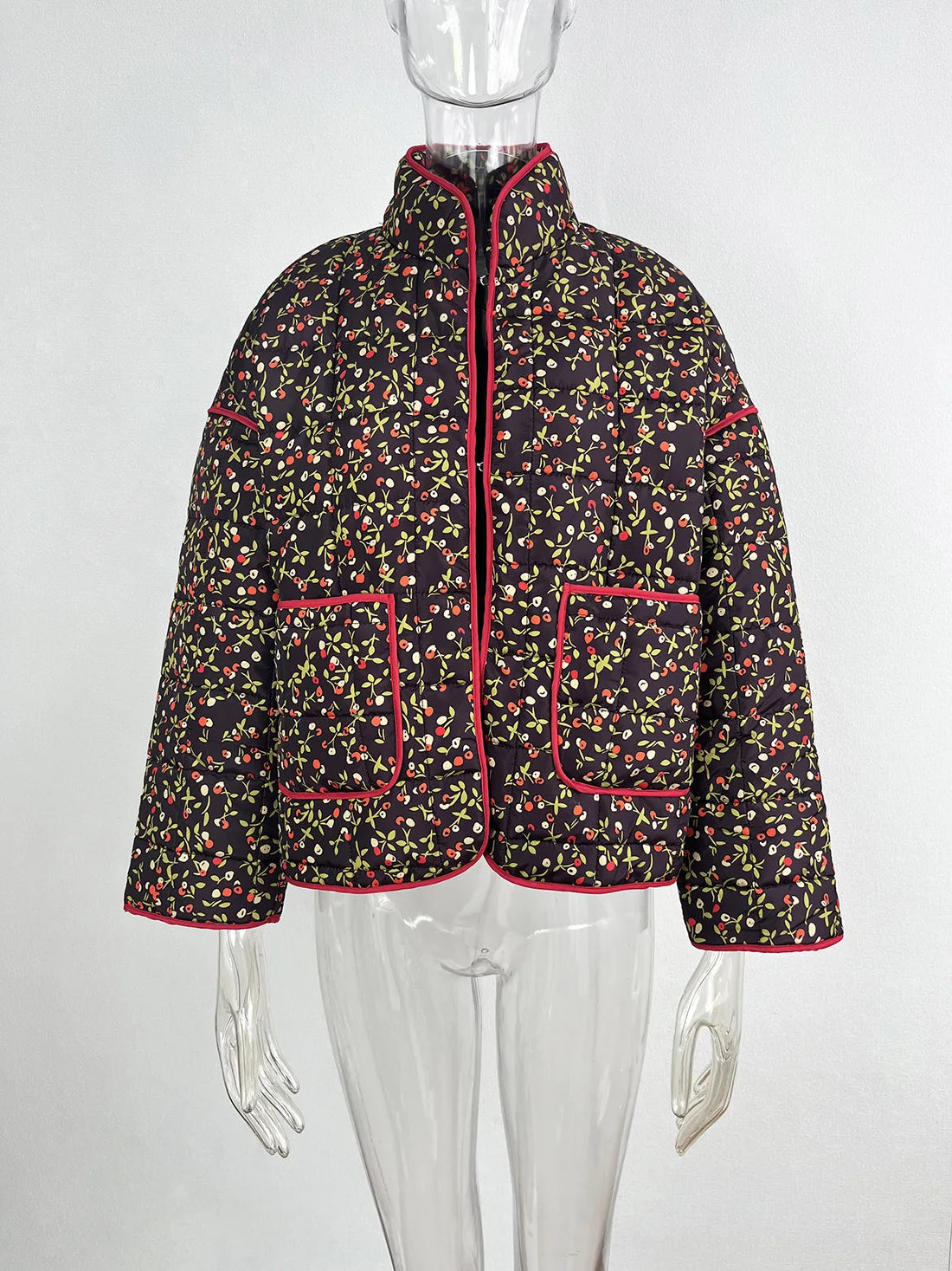New Women's Floral/Gingham Print Lightweight Quilted Parkas Woman Long Sleeve Pockets Vintage Winter Jacket Coat Streetwear Tops