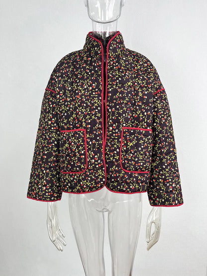 New Women's Floral/Gingham Print Lightweight Quilted Parkas Woman Long Sleeve Pockets Vintage Winter Jacket Coat Streetwear Tops