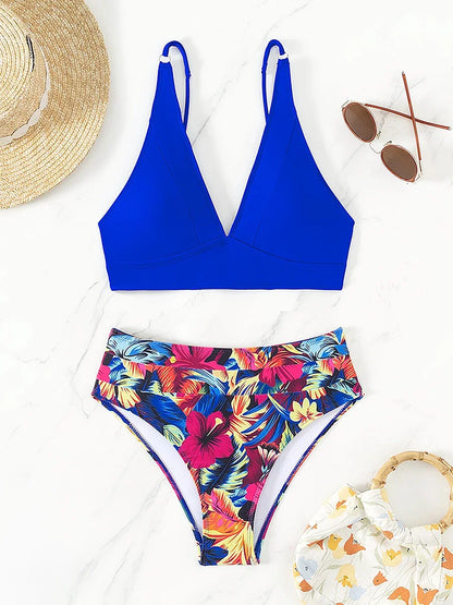 V Neck Bikinis 2024 Women High Waist Swimsuit Print Sexy Swimwear Female Bathers Bathing Swimming Swim Suit Beachwear Summer