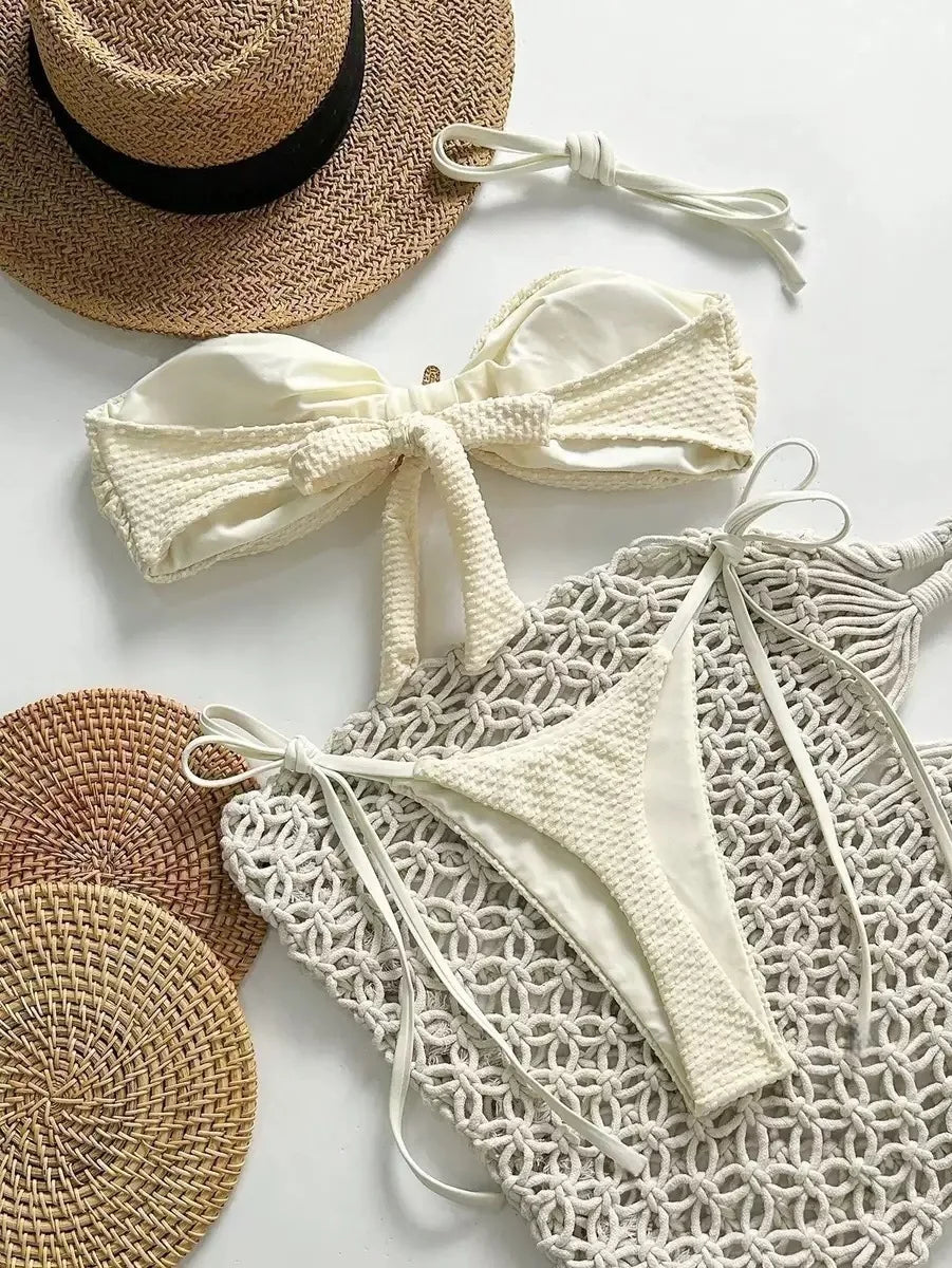 Swimsuit Solid Color Bikini European and American Sexy Lace Up Bikini Women's Small Fresh Split Beach Style Pure Desire Swimsuit