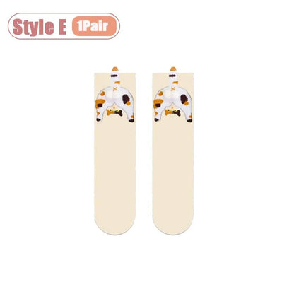 Cartoon Cat Egg Couple Socks Cozy Mid-Calf for Maternity Warm Winter Cute Present for Christmas Cat Lovers Family