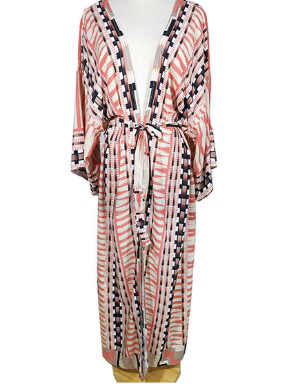 2025 Beach Kimono Cover-up Loose Swimsuit Cover Up Front Open Belt Kaftan Robe Plage Beach Pareos Dress Tunic Beach Wear