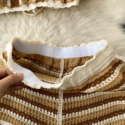 SINGREINY Summer Knit Beach Suit Women Short Camisole+ Hollow Out Wide Leg Shorts Fashion Vacation Stripe Casual Two Pieces Sets