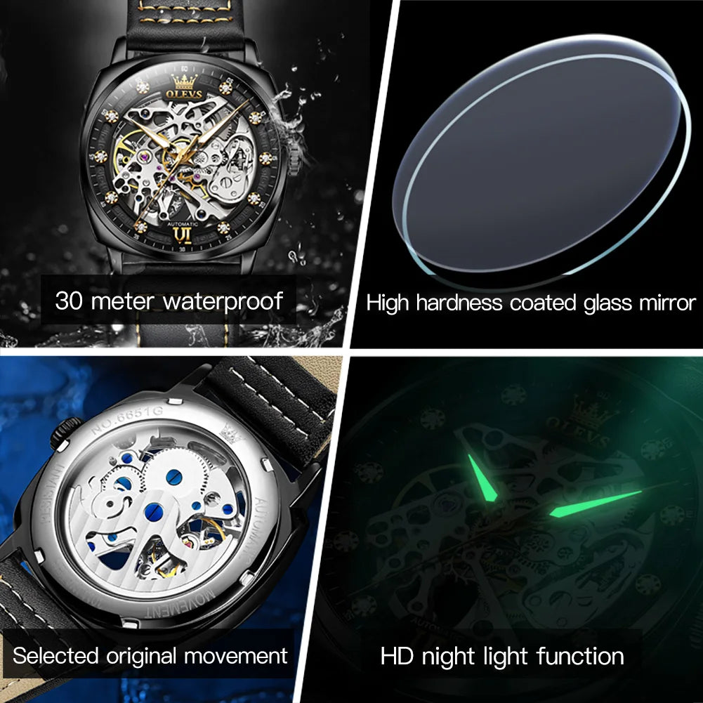 OLEVS 6651 Transparent Hollow Automatic Watches for Men Leather Strap Tonneau PUNK Style Mechanical Writwatch Luxury Man Watch