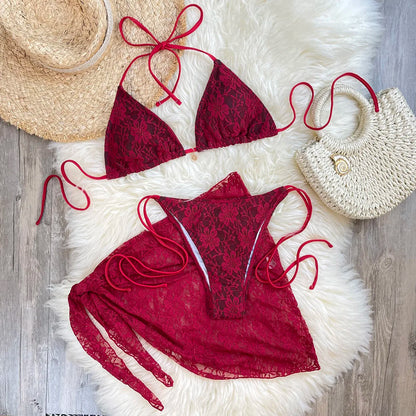 Lace Fabric Three-pieces Swimsuit Set With Sarong Bikini Inspired Women's Swimwear Beachwear Bathing Suit Vacay Outfit Biquini