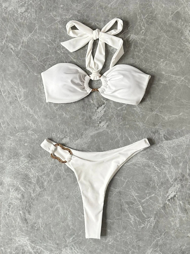 2024 New Sexy Push Up Low Waisted Bikini Set Swimsuit Swimwear Women Strappy Solid White Halter Beachwear Bathing Suit biquini