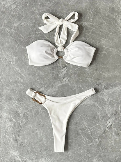 2024 New Sexy Push Up Low Waisted Bikini Set Swimsuit Swimwear Women Strappy Solid White Halter Beachwear Bathing Suit biquini