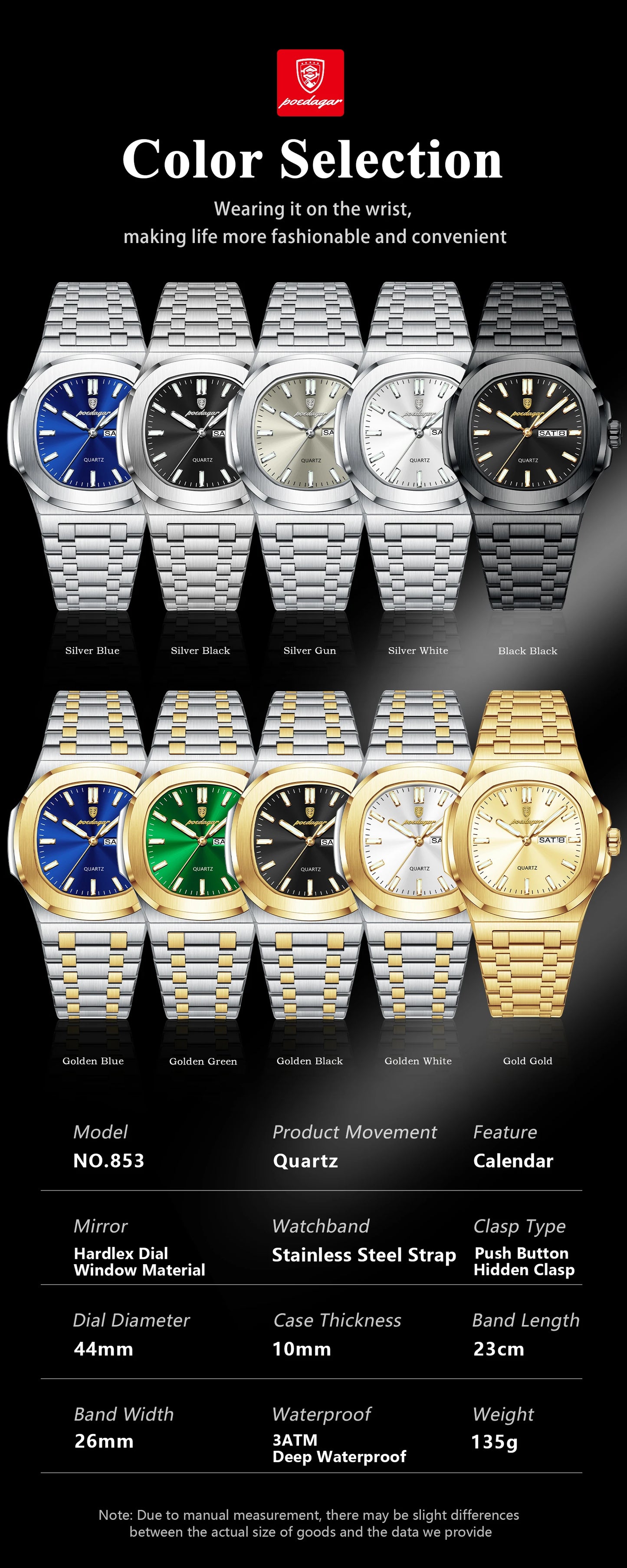 POEDAGAR Classic Square Men Wristwatch Waterproof Luminous Date Week Casual Man Clock Stainless Steel Men's Quartz Watches Reloj