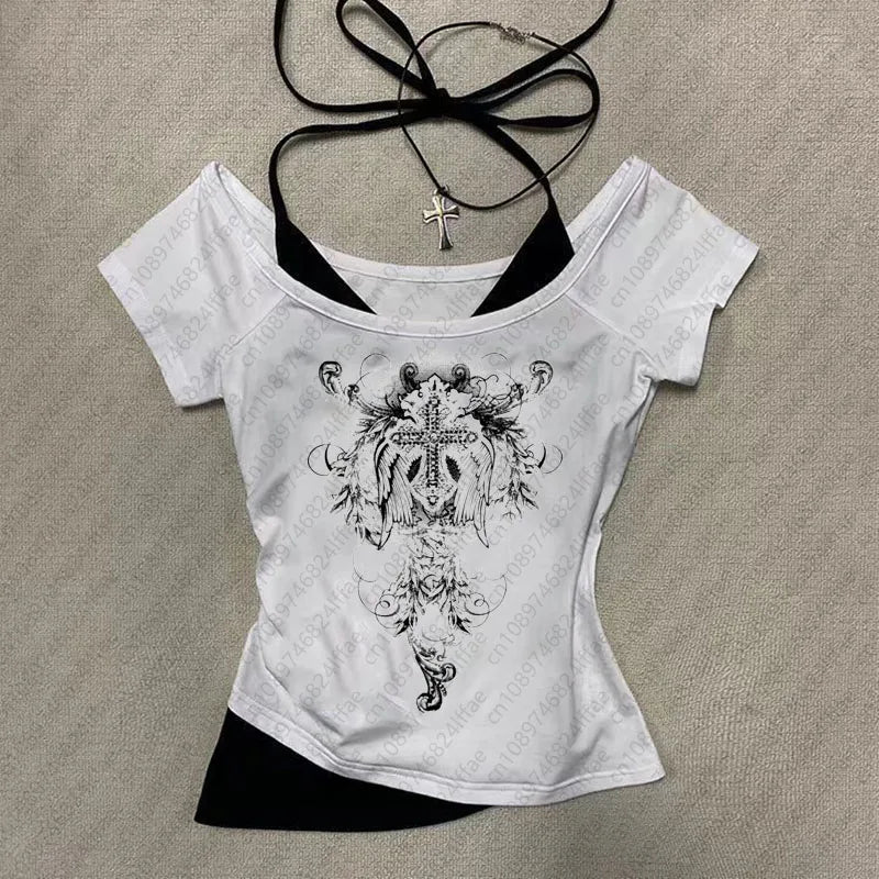 Y2k Aesthetic pattern Vintage Basic Tees Ladies Clothes Retro Graphic Top Short Sleeve Casual T Shirt for Women Millennium style