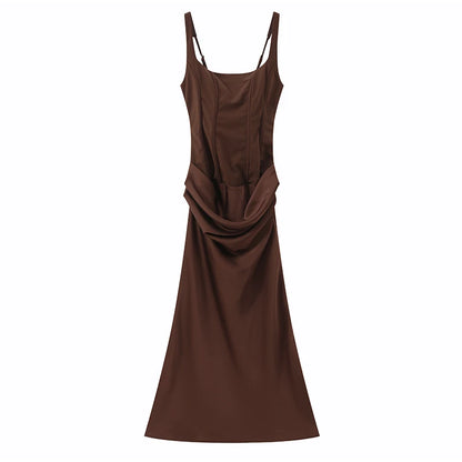 Solid Pleated Sling Dress Women Square Neck Sleeveless Off-shoulder Waist Cinching Slim Dresses Lady Evening Party Gowns 2025