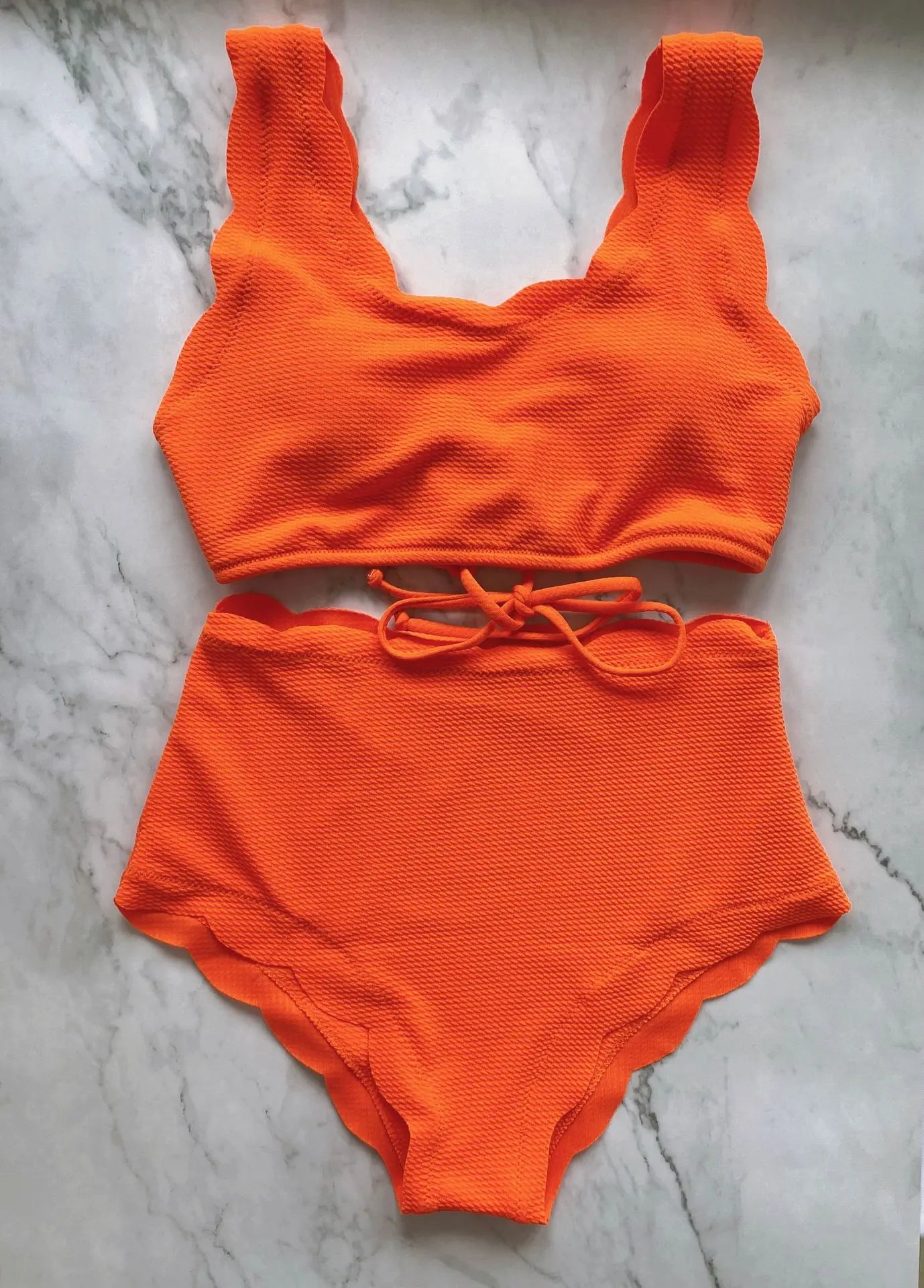 Solid Blue Two Pieces Swimsuit Bathing Suits Bikini Women Scalloped Textured High Waisted Bikini Set Lace Up Bathing Suits XXL
