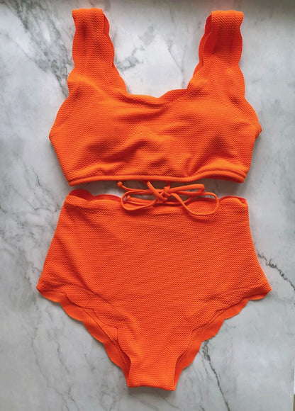 Solid Blue Two Pieces Swimsuit Bathing Suits Bikini Women Scalloped Textured High Waisted Bikini Set Lace Up Bathing Suits XXL