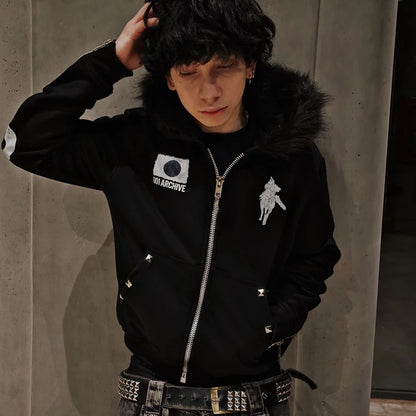 Fur collar cardigan zipper hooded jacket autumn and winter punk hip-hop rock dark style rock fashion all-match Y2K retro jacket