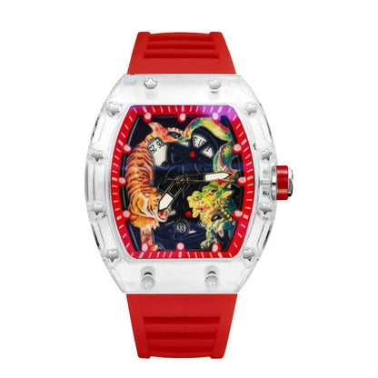Fashion Tonneau Plastic Case Quartz Watch Men Dragon and Tiger Engraved Dial Luxury Waterproof Sport Watches Men Steel Men Watch
