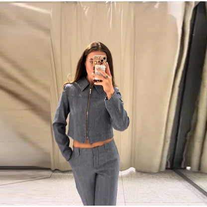Casual Coats Pants Sets Women'S Turn-down Collar Long Sleeve Zippers Tops High Waist  Trousers 2026 Spring New Lady Chic Suit