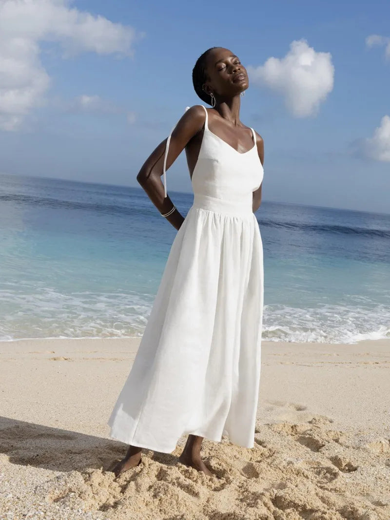 TARUXY Sexy Backless Beach Dress For Women V Neck Splice Folds Long Dresses Womens Party Elegant Bandage Maxi Sundress Female