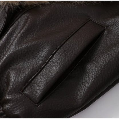 Brown Faux Fur Collar Leather Jacket Women Oversize Design Long Sleeve Coat 2025 Fashion Luxurious Versatile Bomber Outerwear