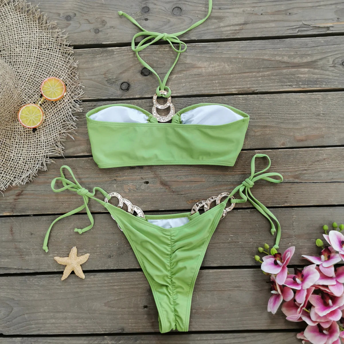Brazilian Bikini Swimsuit for Women, Ring Linked Halter, Swimwear, Beachwear, 2025