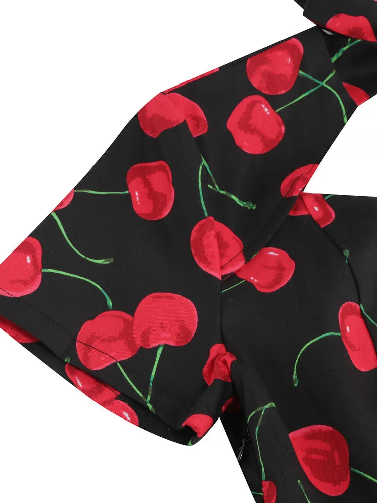 Tonval Sweetheart Neck High Waist Cherry Vintage 50s Midi Dress Short Sleeve Backless Women Tie Back Cotton Rockabilly Dresses