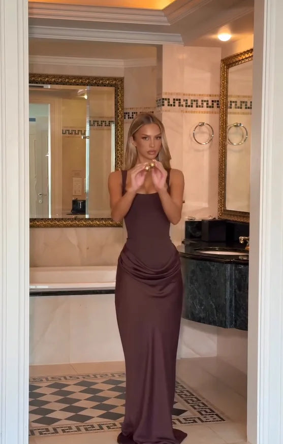 Solid Pleated Sling Dress Women Square Neck Sleeveless Off-shoulder Waist Cinching Slim Dresses Lady Evening Party Gowns 2025