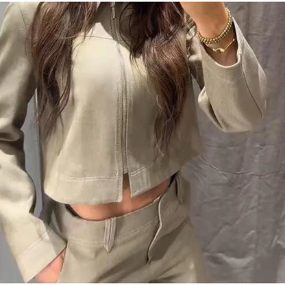 Casual Coats Pants Sets Women'S Turn-down Collar Long Sleeve Zippers Tops High Waist  Trousers 2026 Spring New Lady Chic Suit