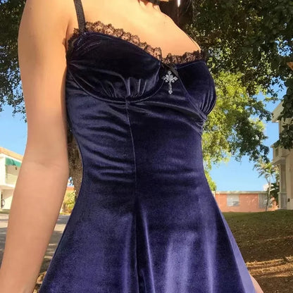 Velvet Gothic Sexy Black Mini Dress Women Vintage Spaghetti Strap High Waist Dresses Aesthetic Elegant Goth Party Club Dress