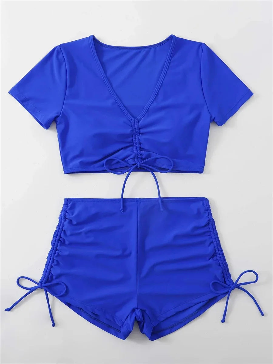 Sexy Drawstring Bikini Set 2026 Women Green Black Short Sleeve Two Piece Swimsuit Summer Bathing Suit Pleate High Waist Swimwear