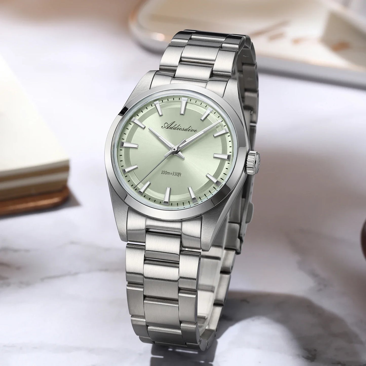 ADDIESDIVE Hot Sale AD2066 Mens Watch 36mm Bubble Mirror Glass Mint Green Quartz Watches Waterproof Luxury Stainless Steel Clock