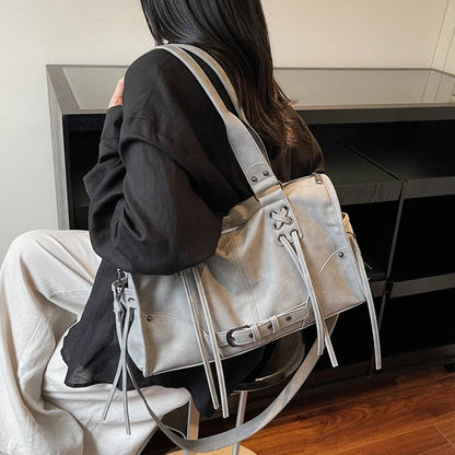 Retro Motorcycle Handbag Women Horizontal Tote Storage Tassel Design Pillow Shoulder Bag Trendy Large Capacity Soft Underarm Bag