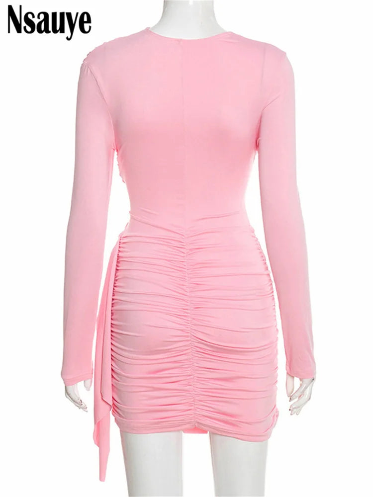 Nsauye New Fashion Women Short Wrap High Waisted Mini Winter Dress 2025 Outfits Sexy Night Club Party Evening Long Sleeve Dress