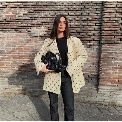 Rivet Fashion V-neck Balzer Coat Women Shoulder Pads Loose Fake Pocket Long Sleeve Jacket 2025 Spring Street Party Commute Tops