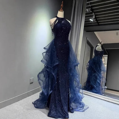 Elegant Sparking Navy Blue Evening Dresses Halt Beading Party Gown Customized Prom Dress 2025