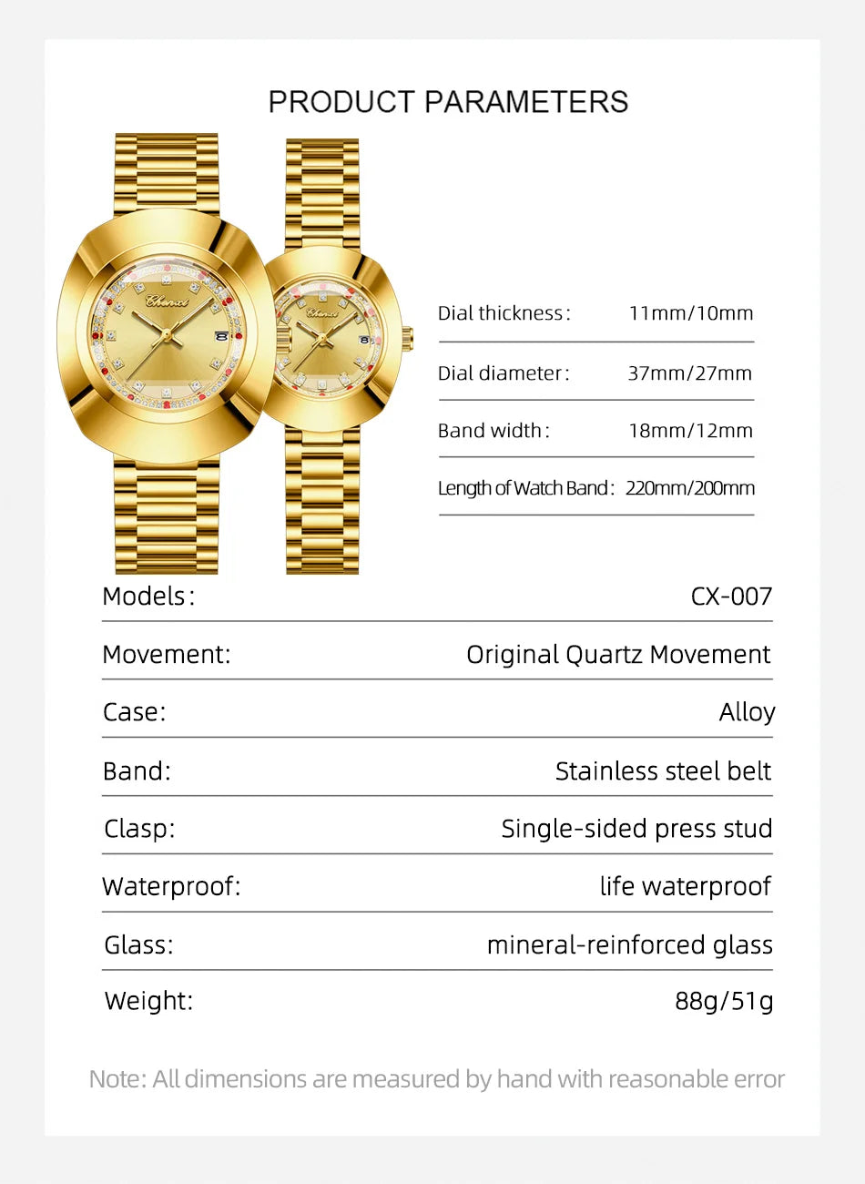 CHENXI Couple's Matching Quartz Watches Gold-Tone High-Fashion Diamond-Studded Waterproof Steel Bracelet Timepieces