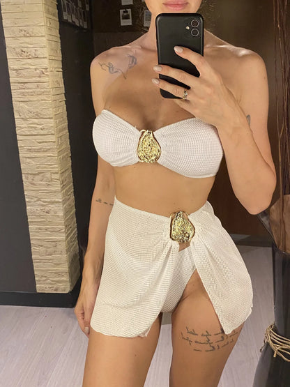 5 Colors With Skirt Bandeau Bikini Female Swimsuit Women Swimwear Three-pieces Bikini set Padded Bather Bathing Suit Swim V6624