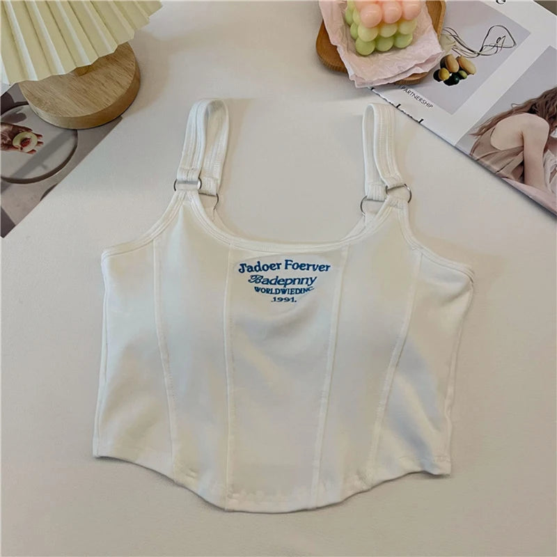 Fashion Embroid Letter Print Crop Tops Women Summer Sexy Streetwear Short Tops Suspenders Sports Tank Top Gym Solid Slim Vest