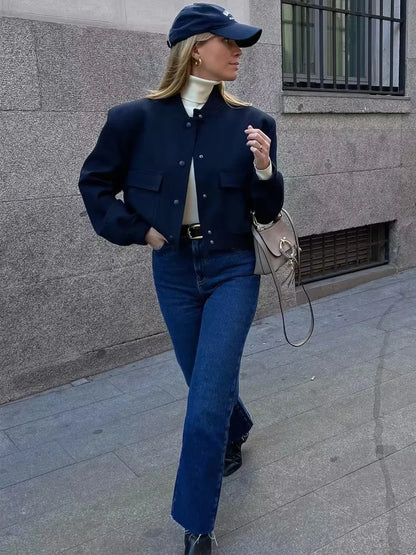 MUJER 2025 Woman Bomber Jacket White Autumn Winter Button Cropped Jackets for Women Fashion Long Sleeve Women Coats Outerwears