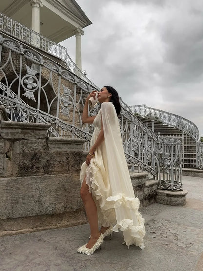 Elegant Ruffle V-neck Maxi Dress Women Chic Lapel Pleated Sleeveless High Waist Dresses Fashion 2025 Summer Lady Vacation Robes