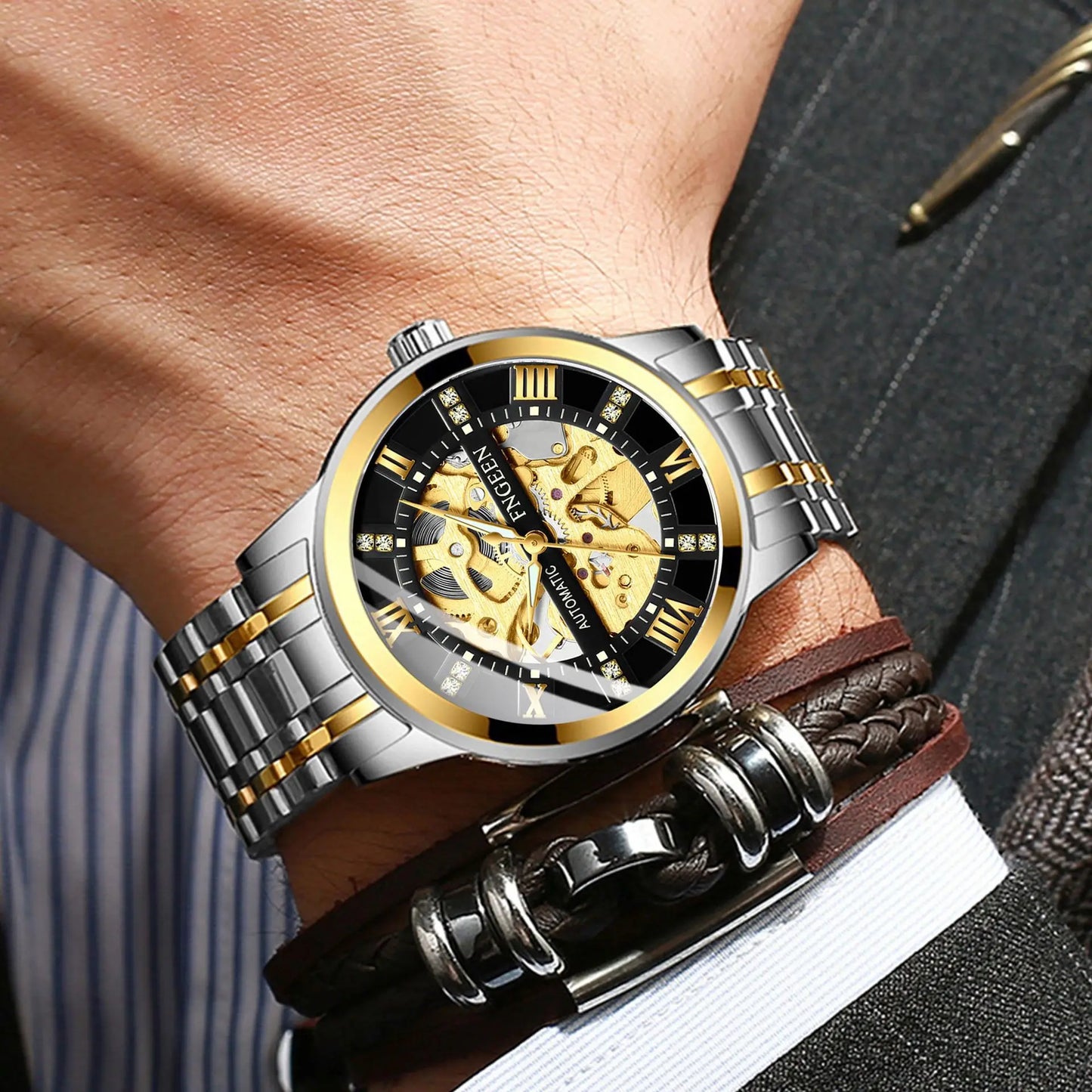 Bindond Mens Automatic Mechanical Watches Top Brand Luxury Stainless Steel Waterproof Hollow Male Wristwatches Relogio Masculino